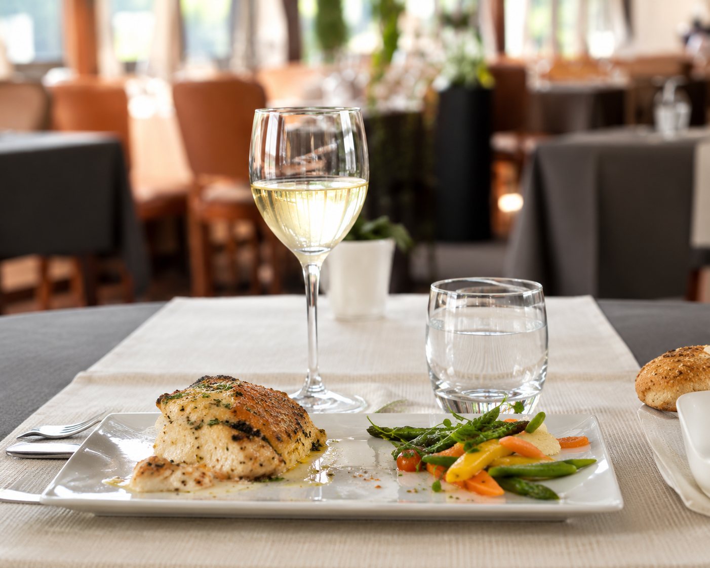 Une assiette blanche garnie d'un plat raffiné et de légumes est posée sur une table de restaurant, à côté de verres, dans une salle lumineuse.