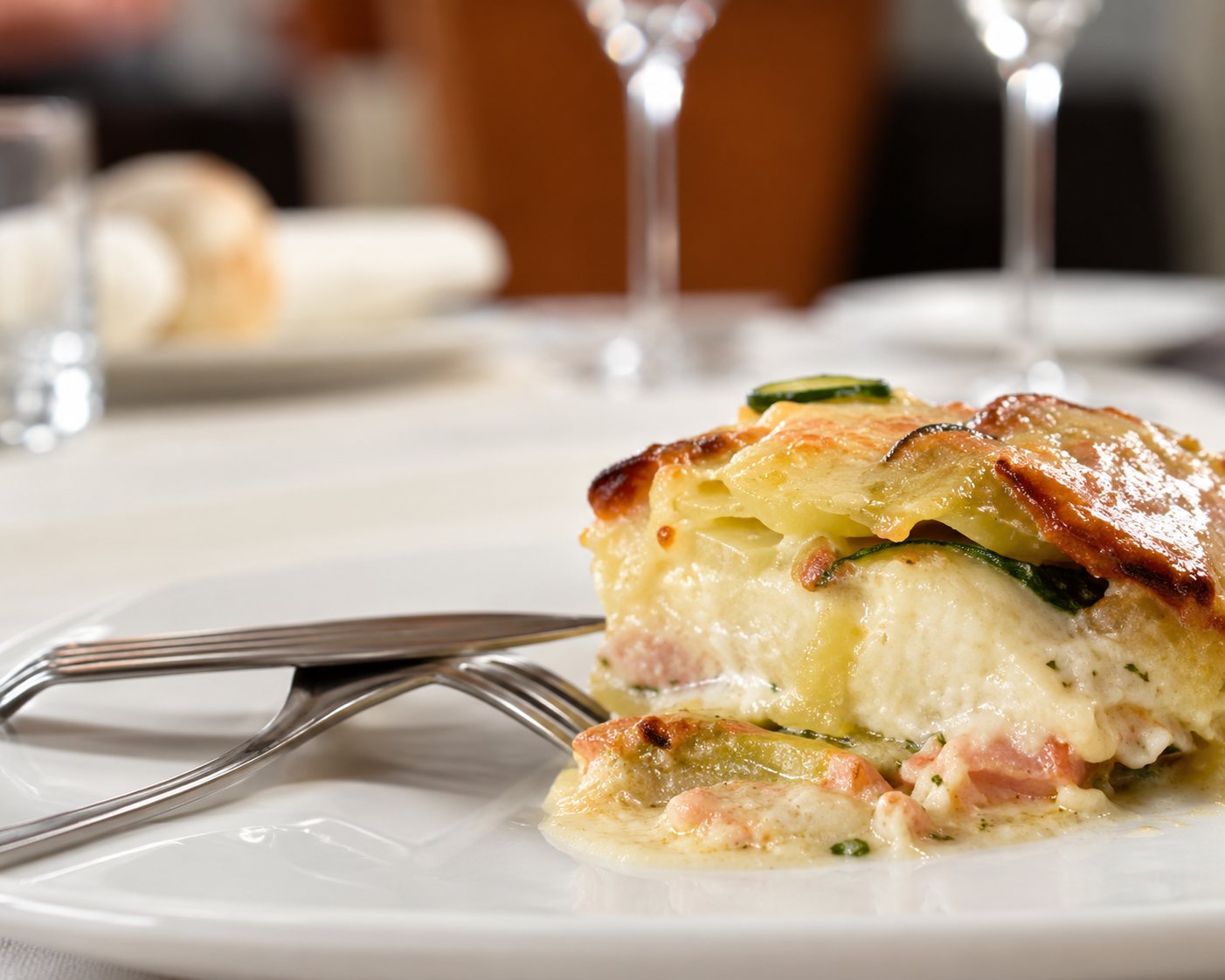 Gros plan sur une assiette de plat gratiné posée sur une table dans un restaurant, avec des verres flous en arrière-plan.