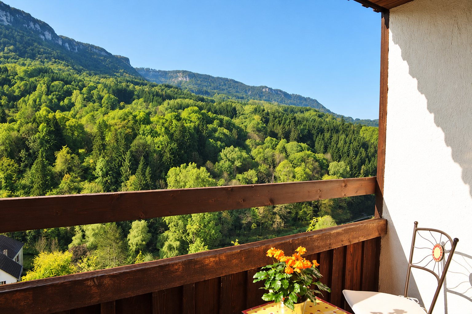 Un balcon en bois orné d'un pot de fleurs orange donne sur une vaste forêt verte et des falaises rocheuses au loin.