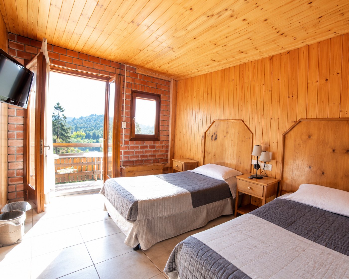Chambre aux murs et au plafond en bois équipée de deux lits simples, d'une télévision fixée au mur et d'une porte-fenêtre donnant sur l'extérieur.