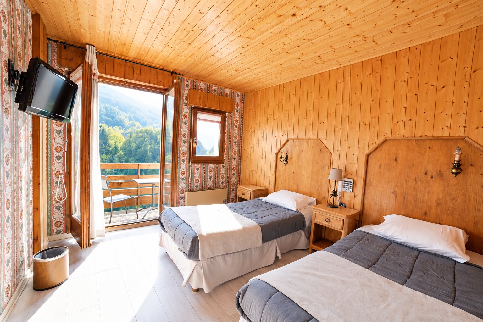 Chambre de style chalet aux murs et au plafond en bois, avec deux lits jumeaux, une télévision murale et une porte-fenêtre ouvrant sur un balcon avec vue sur la montagne.