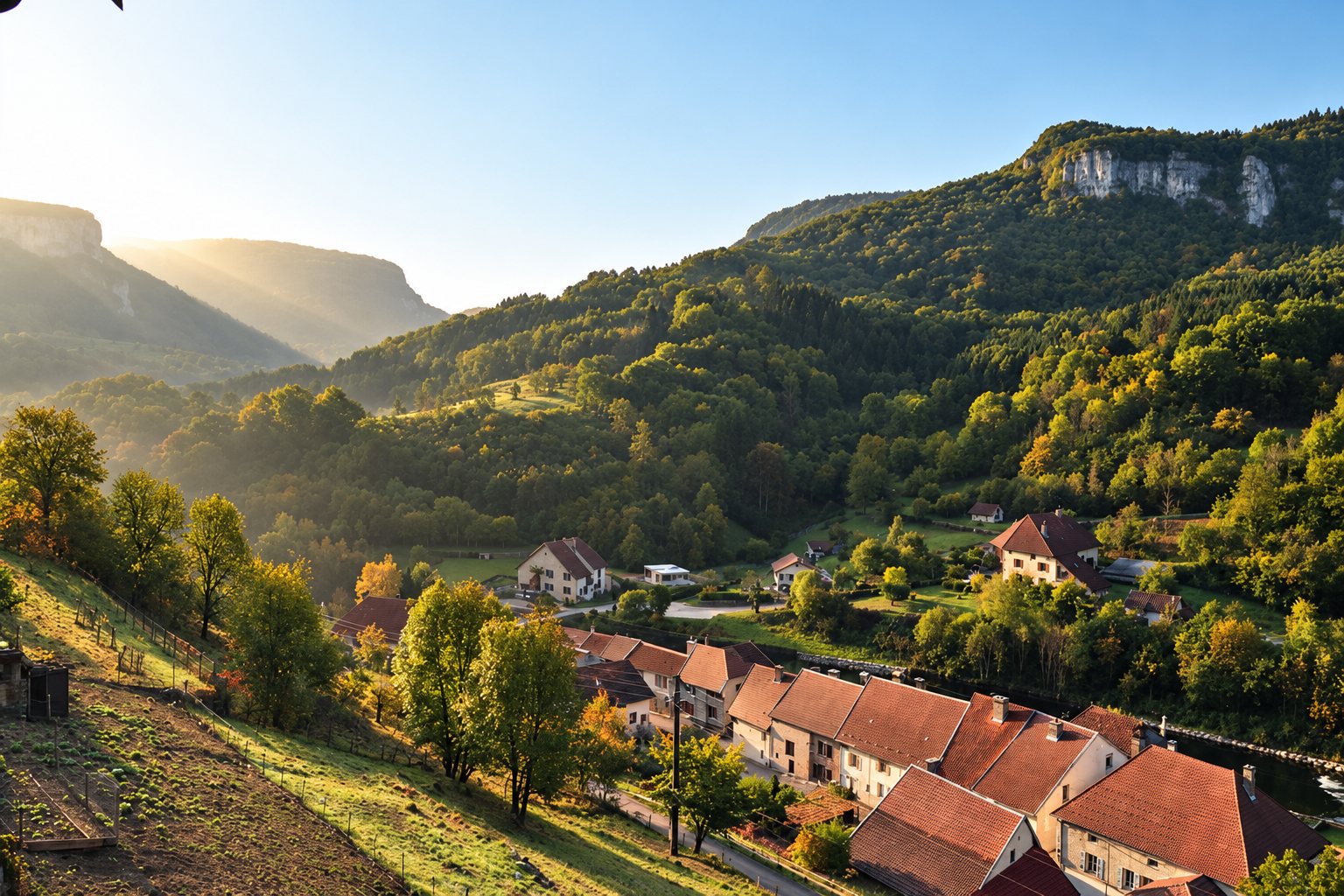 Les toits du village et les collines boisées de la vallée, dans la lumière du matin.