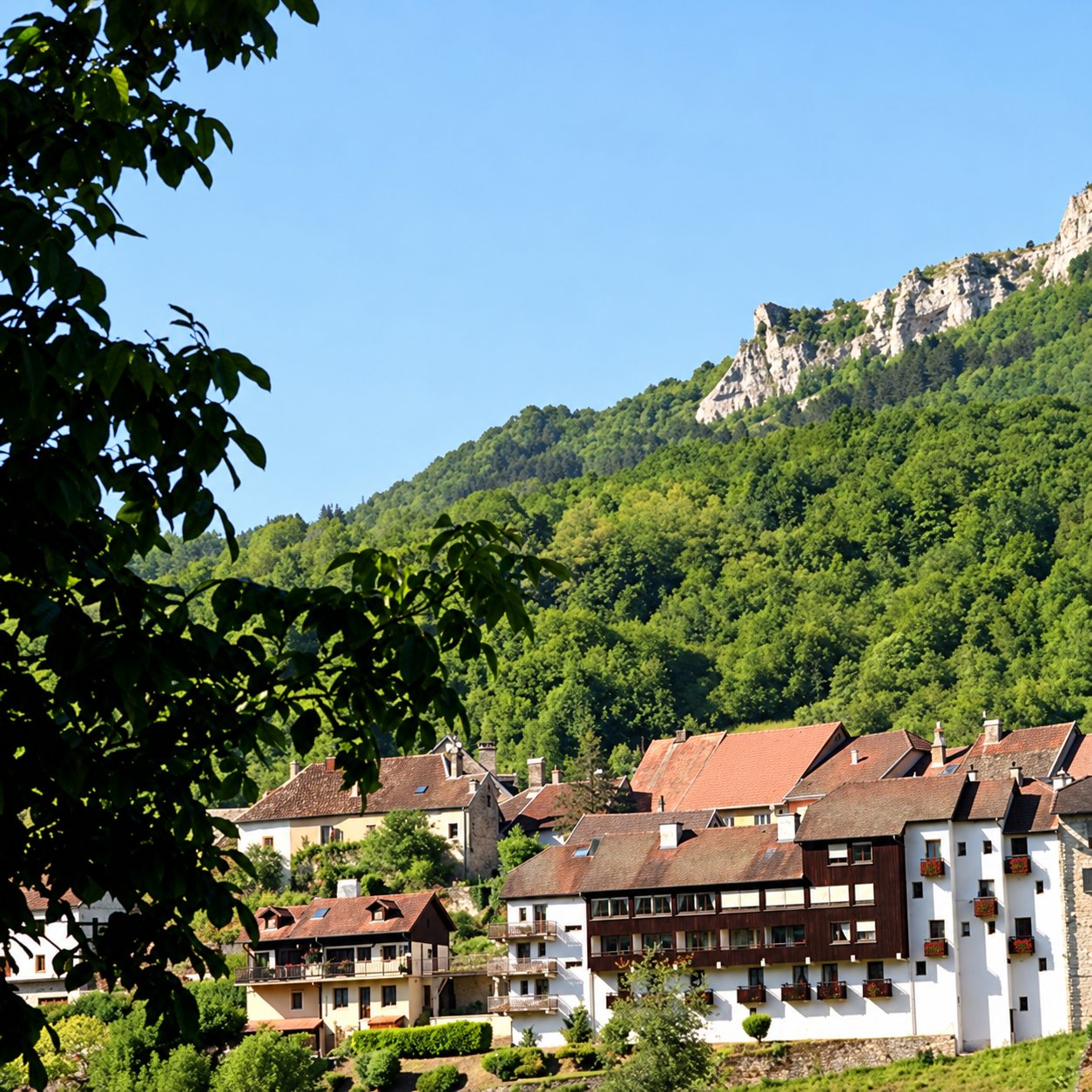 Les bâtiments blancs et bruns de l'hôtel au pied d'une falaise et d'une colline boisée, derrière un feuillage.