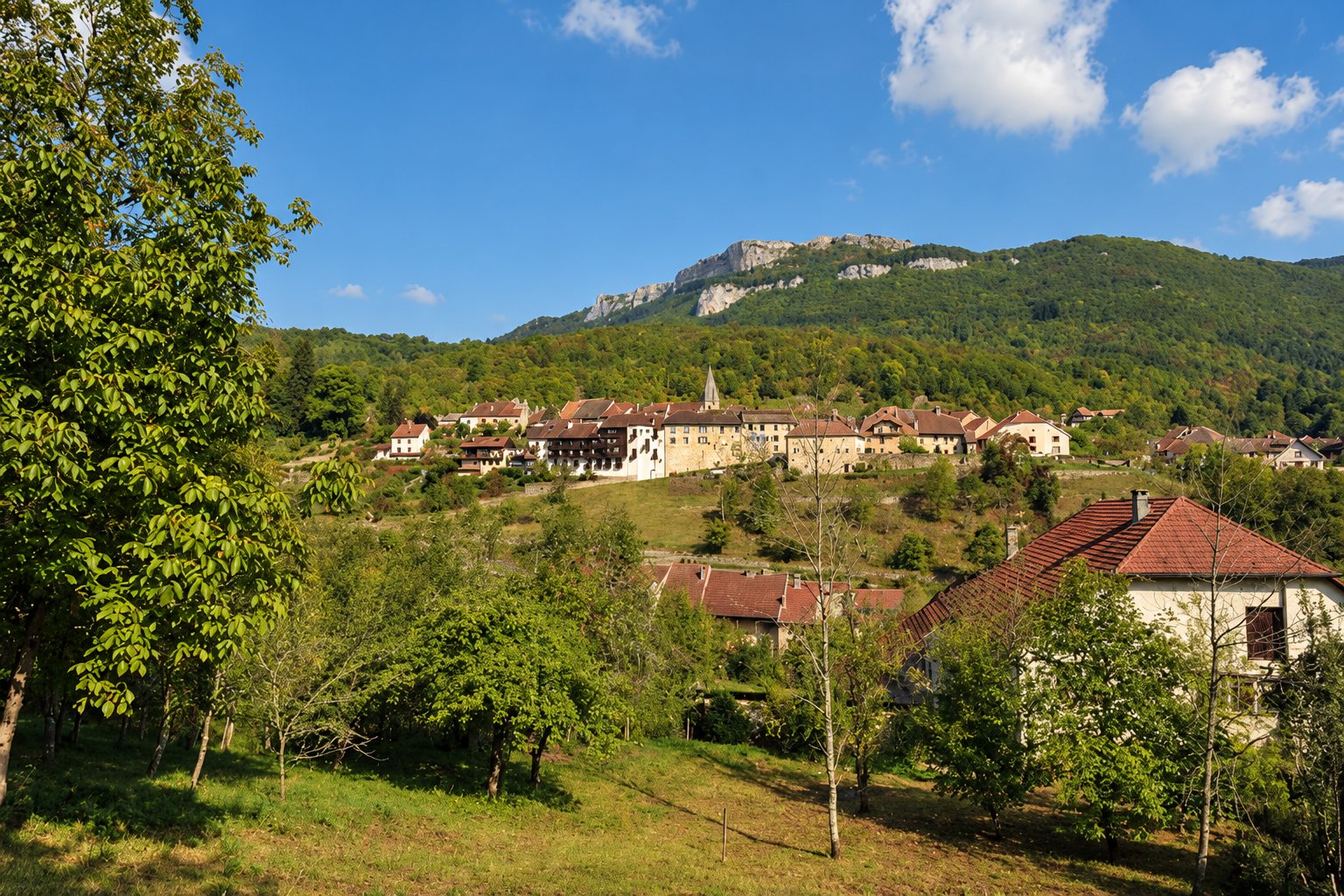 Le village de Mouthier-Haute-Pierre sur son versant, sous la falaise, vu depuis un verger.