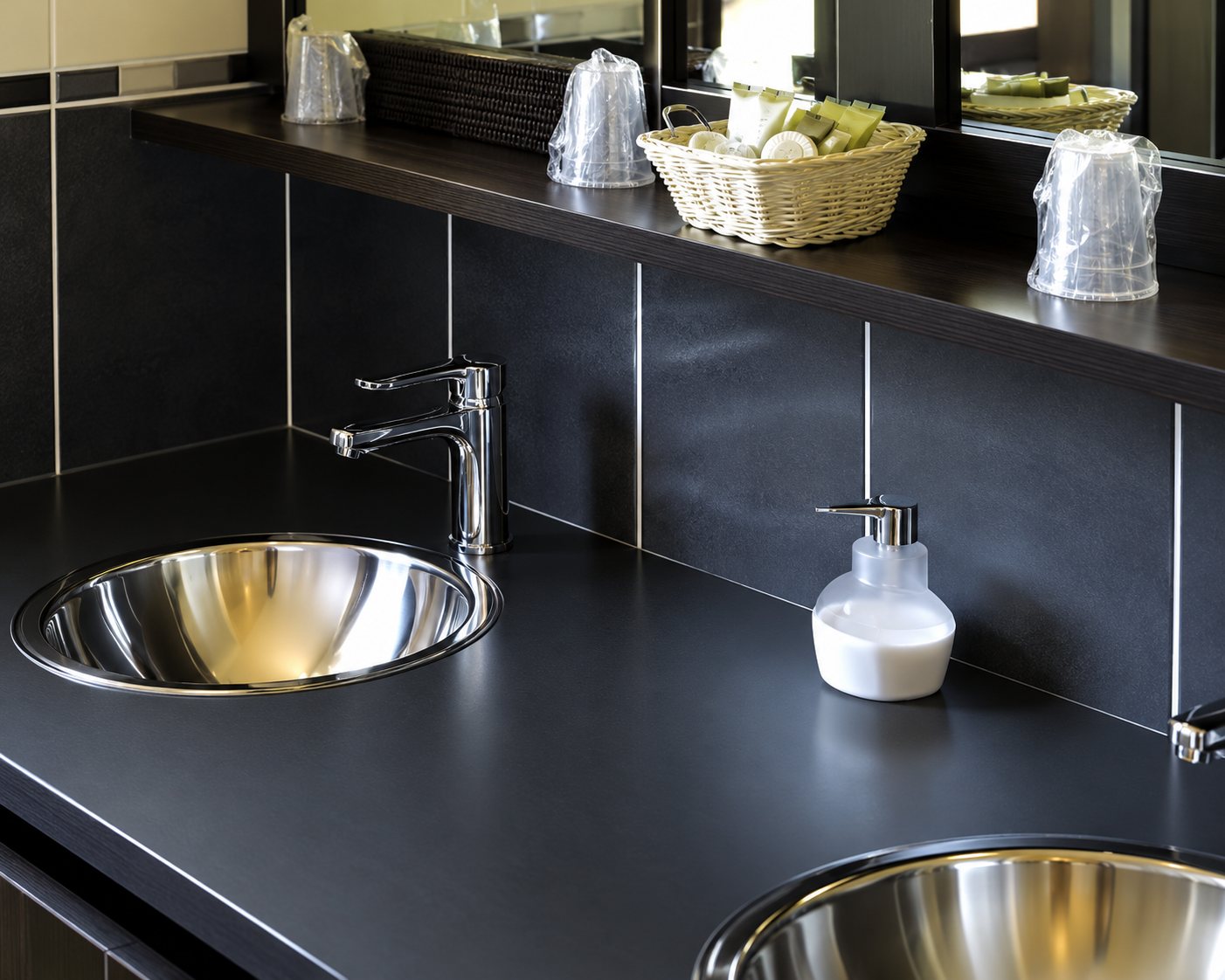 Un plan de travail noir équipé de deux vasques rondes en inox et d'un robinet, avec des miroirs et des verres en arrière-plan.