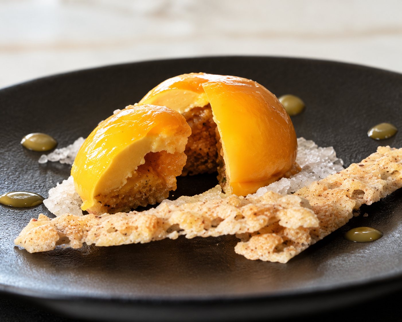Une assiette noire présentant un plat dressé avec une demi-sphère orange fourrée, accompagnée d'une garniture claire et de petites gouttes de sauce.