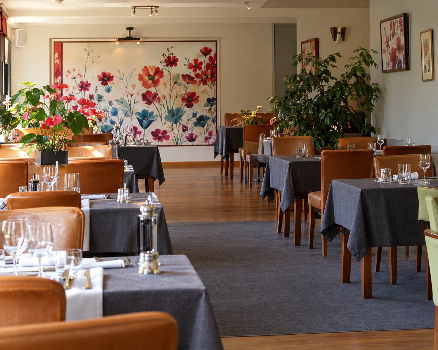 Intérieur d'un restaurant avec des tables dressées, des chaises en bois et des plantes vertes près des fenêtres.