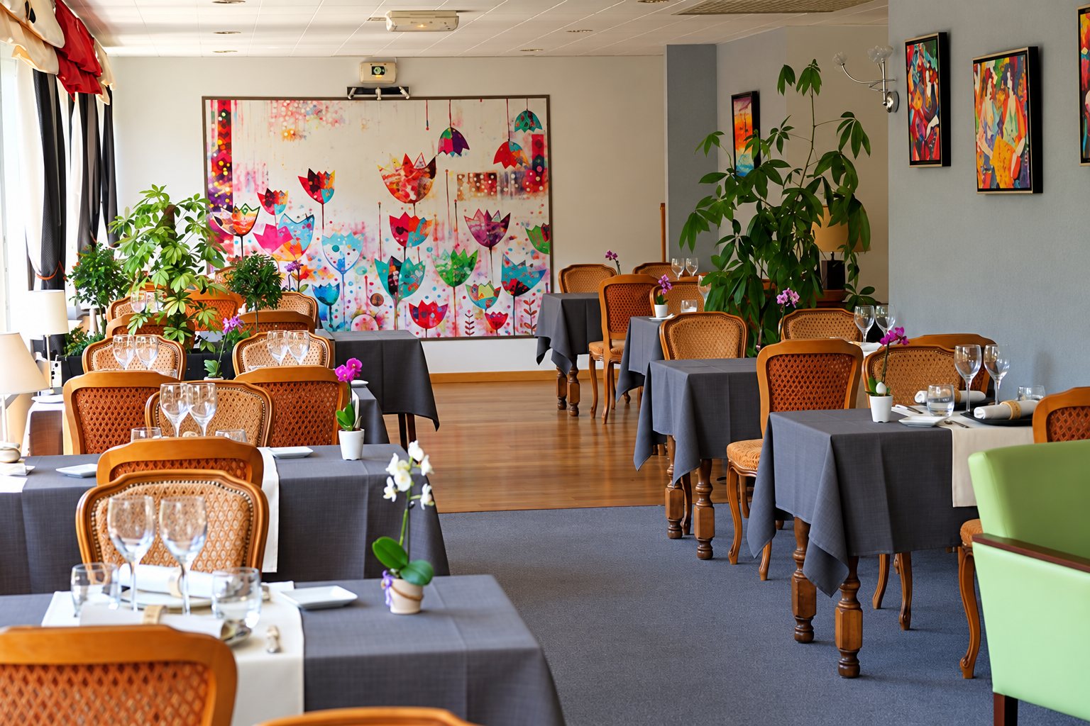 Une salle de restaurant claire avec des tables couvertes de nappes grises, des chaises en rotin et une grande peinture de tulipes colorées au fond.