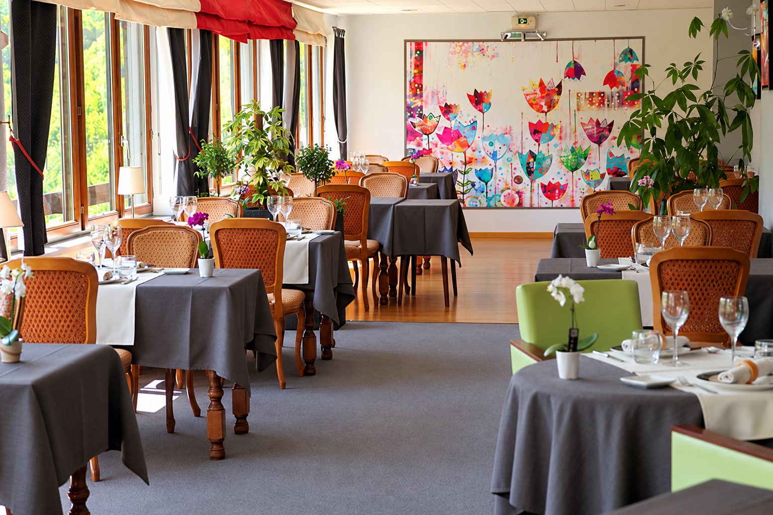 Une salle de restaurant claire avec des tables aux nappes grises dressées, des chaises en bois et une grande peinture de tulipes colorées au mur.