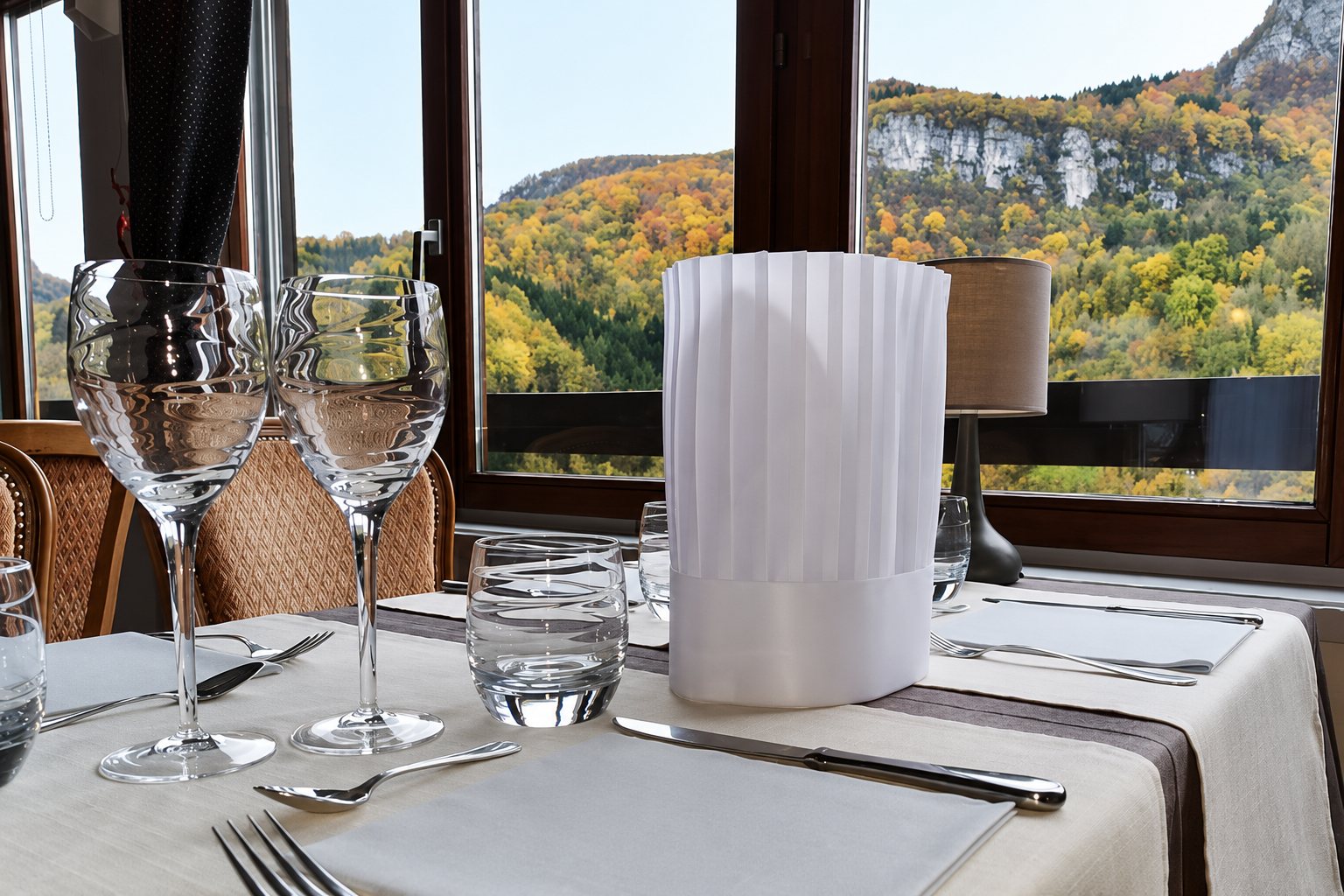 Une table de restaurant dressée avec verres, couverts et toque de chef pliée, devant une grande fenêtre qui donne sur une falaise et une forêt aux couleurs d'automne.