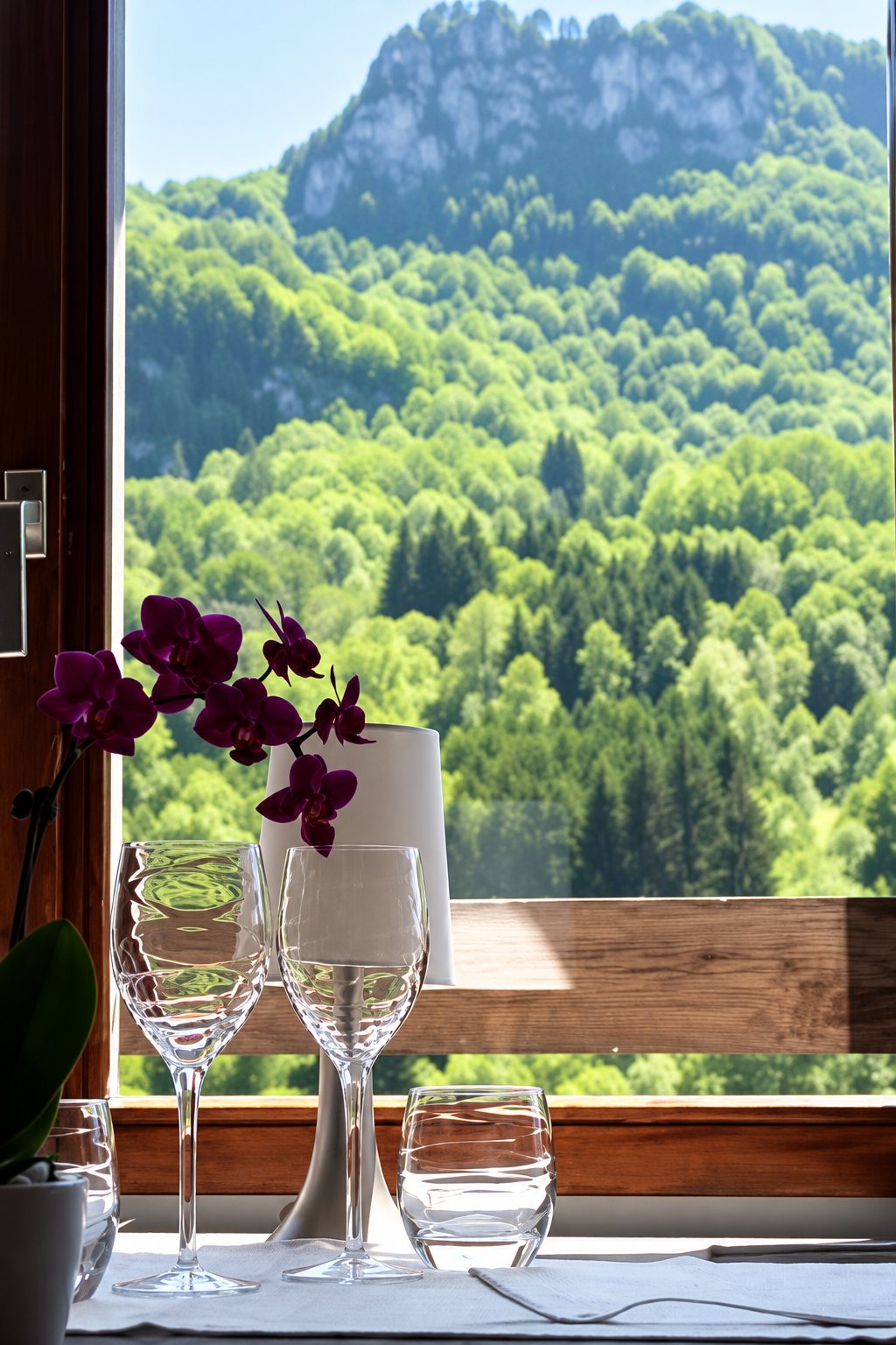 Deux verres à pied et un verre à eau posés près d'une fenêtre, avec une orchidée au premier plan et une montagne boisée en arrière-plan.